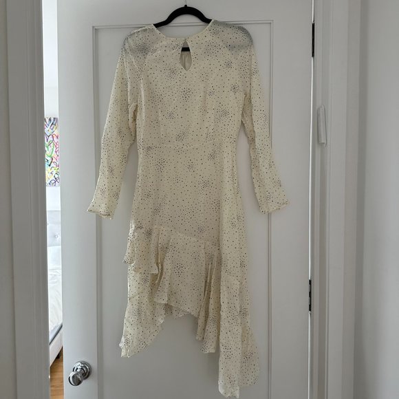 Maje Reto Asymmetric Dress Sz 40 Ecru Cupro Printed Ruffle Trim Long Sleeve - Picture 9 of 11